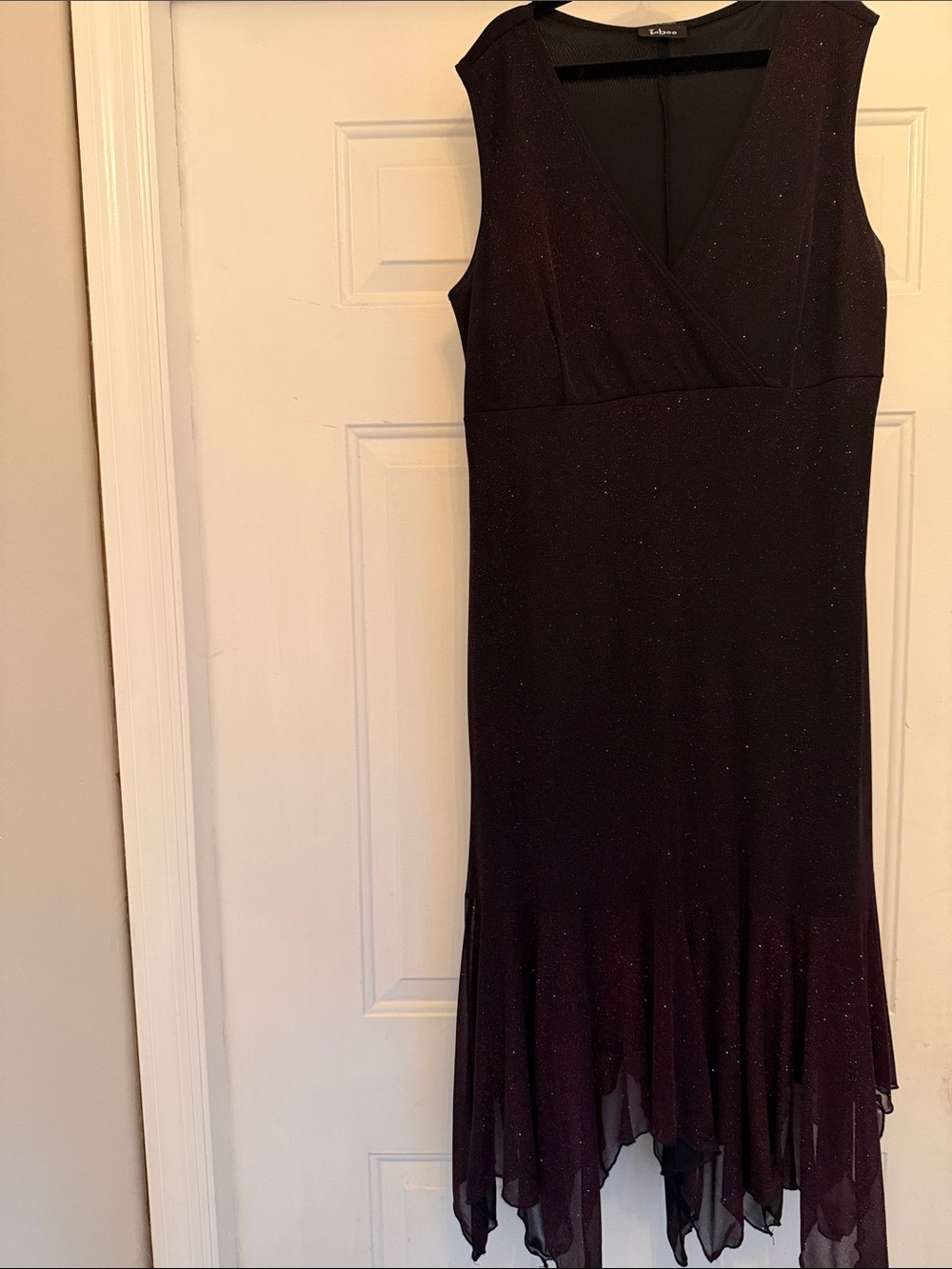 Taboo Y2K 90s Black Hot Pink Metallic Sparkly Dress Ruffled Jagged Hem VNeck